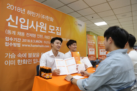 한화는 2018년 하반기 신입사원 대졸공채를 시작했다고 12일 밝혔다. 채용규모는 약, 방산, 무역, 기계 전 부문에서 수백명 수준이다. 지난 3일 한화 선배 사원들이 한 대학에서 지원자들을 상대로 입사 상담을 하고 있다.  <한화 제공>